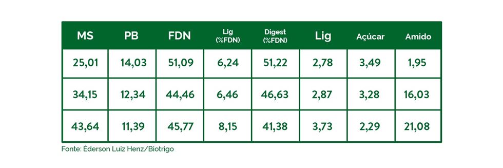 Resultados de qualidade nutricional em diferentes estágios de maturação fisiológica da silagem de trigo (Fonte: Éderson Luis Henz).