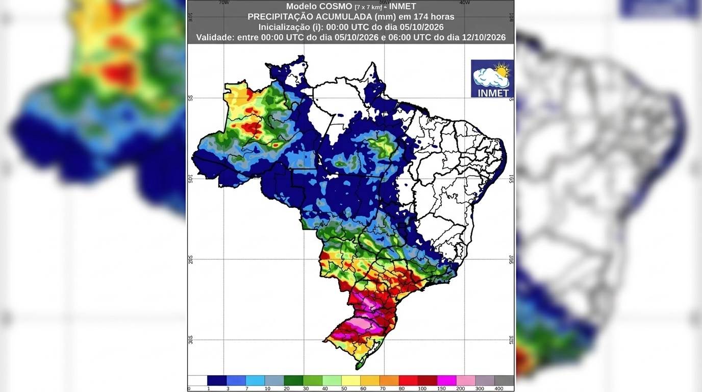 INMET prevê chuva de até 200 mm no Sul do Brasil nesta semana
