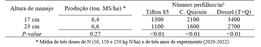 Produção de forragem (ton. MS/ha) e número de perfilhos/m² de uma pastagem mista
