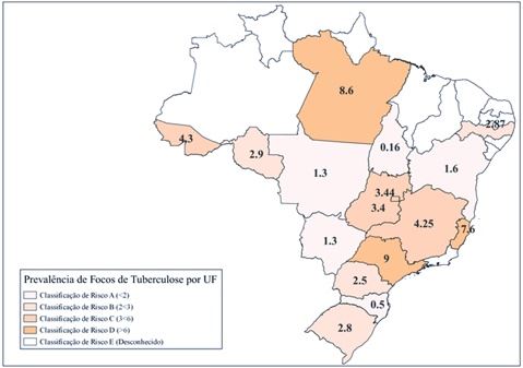 Mapa da prevalência da tuberculose em diversas UFs no Brasil.