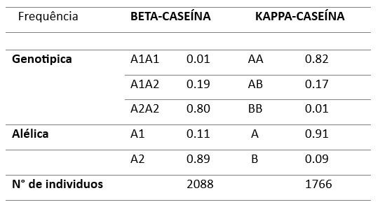 Frequência alélicas e genotípicas para beta-caseína e kappa-caseína em animais Gir Leiteito.