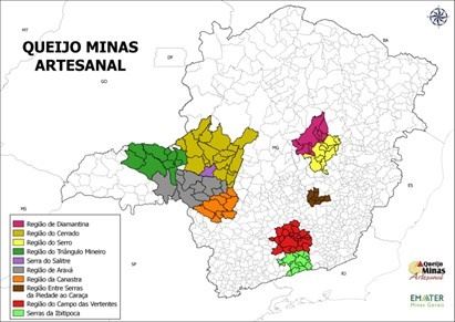 Mapa das regiões reconhecidas como produtoras de Queijo Minas Artesanal.