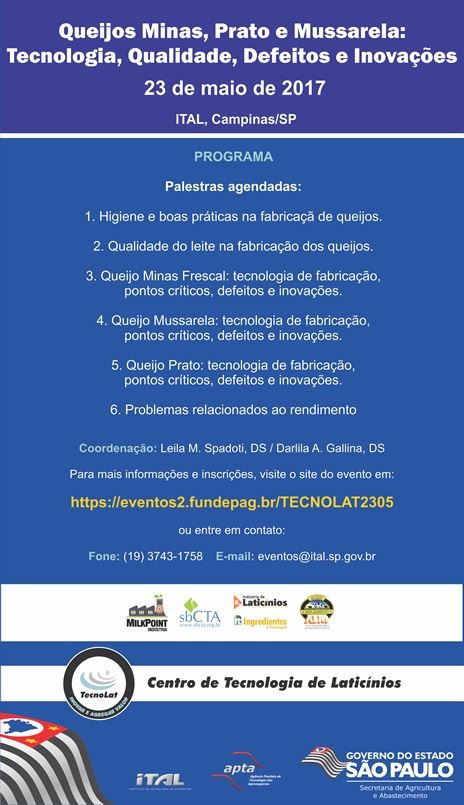 Curso Queijo Minas, Prato e Mussarela: Tecnologia, Qualidade, Defeitos e Inovações - Ital 