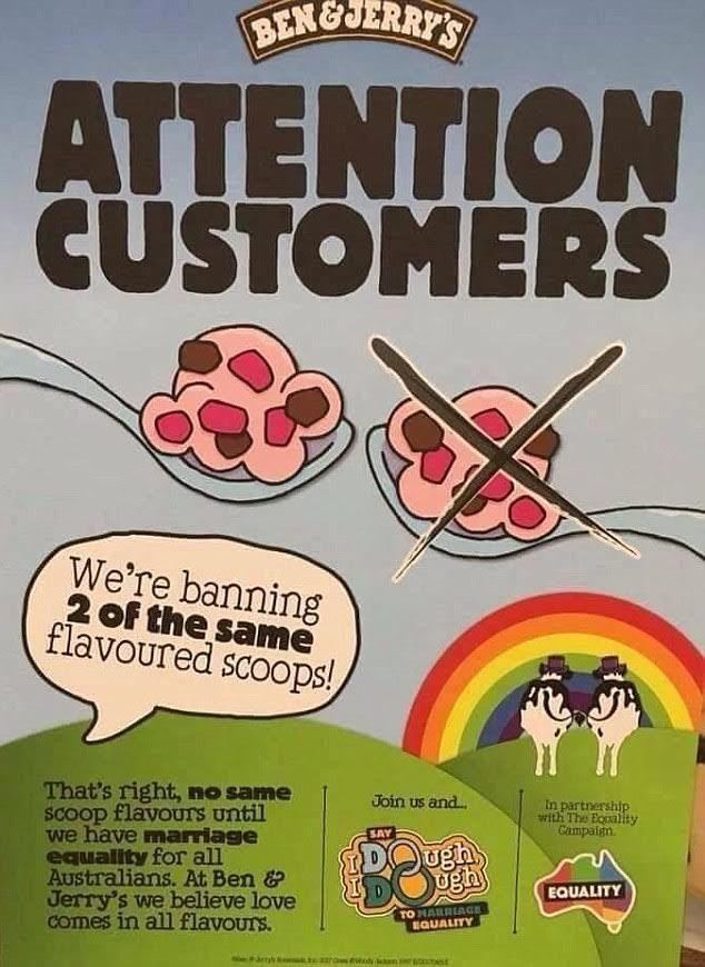 Ben & Jerry’s australiana proíbe duas bolas do mesmo sabor de sorvete em apoio ao casamento homossexual