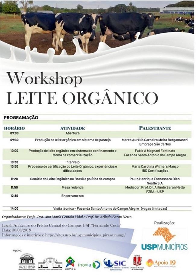 Workshop sobre Leite Orgânico ocorre dia 30/08 em Pirassununga/SP 